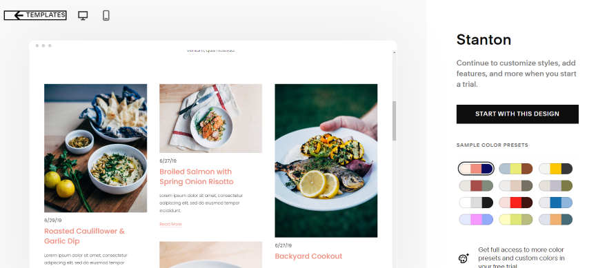 Starting a Blog Squarespace Blog Preview Preview of the Squarespace Stanton blog template displaying food blog posts and color palette options.