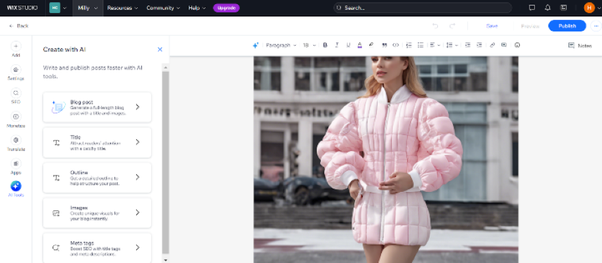 Starting a Blog Wix AI Image Screenshot of the Wix website editor interface showing the versatile AI tools for image generation