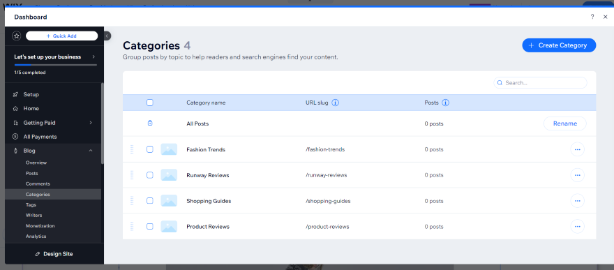 Starting a Blog Wix Blog Categories A screenshot depicting how to manage blog categories in the Wix dashboard interface, illustrating category setup and organization.