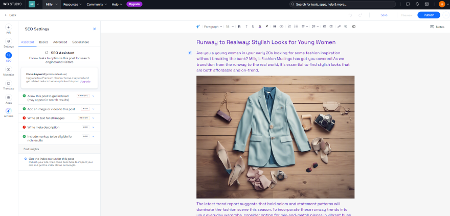 Starting a Blog Wix Blog Post SEO Screenshot of a Wix dashboard for a blog post featuring a stylish fashion layout.