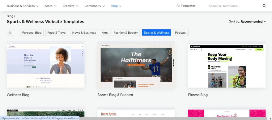 Starting a Blog Wix Blog Template Library A collage of sports and wellness website templates featuring blogs on fitness, sports podcasting, and mindfulness.
