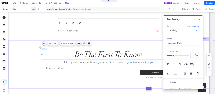 Starting a Blog Wix Dragging Subcription Form Screenshot of a Squarespace editor interface showing text editing options and web design tools.
