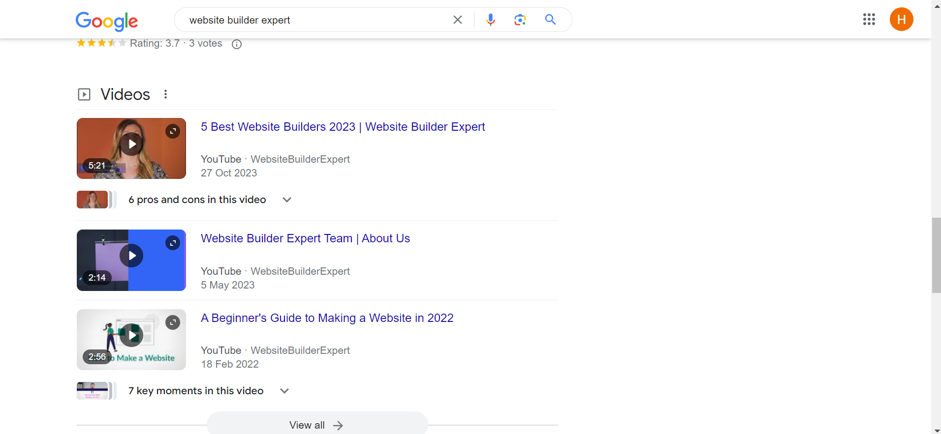 Structured Data Website Builder Expert SEO Review Screenshot showing structured data impact on Google SERPs, featuring video results for a search query.