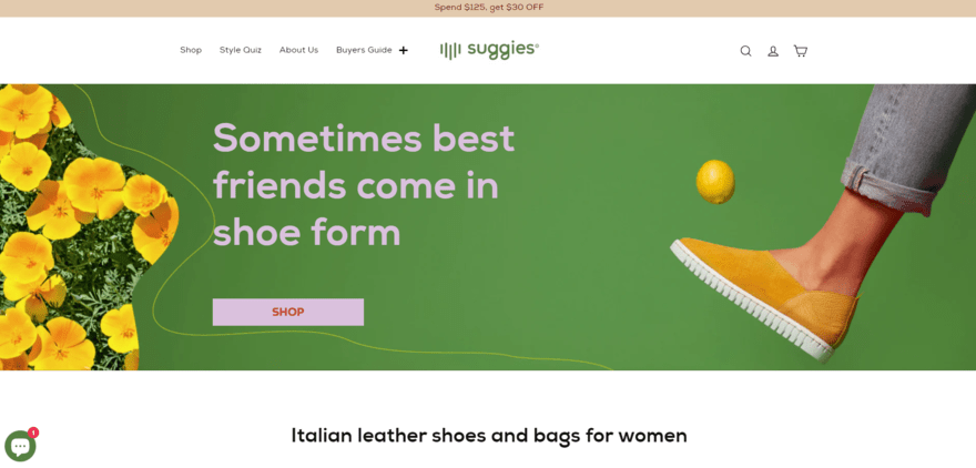 Suggies foot wearing shoe made by Suggies kicking a lemon beside text saying sometimes best friends come in shoe form on Suggies website homepage