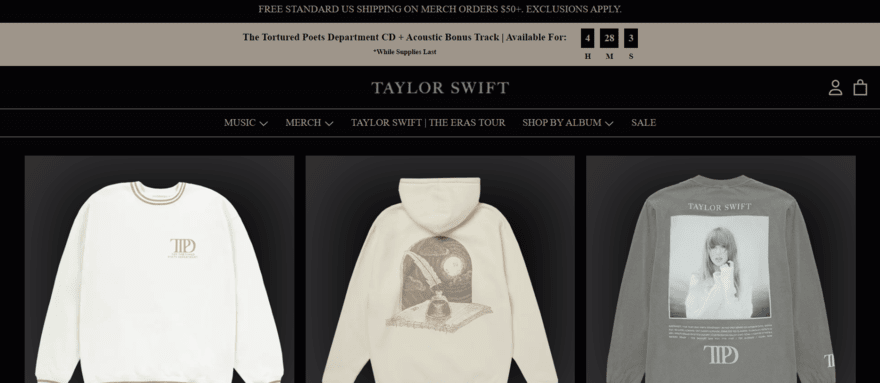 Taylor Swift store Taylor Swift website showing merchandise for sale