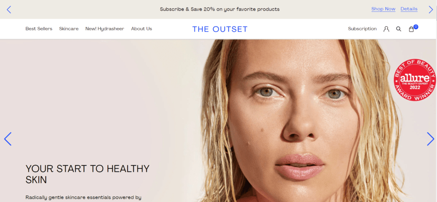 The Outset The Outset website homepage showing an image of Scarlett Johansson