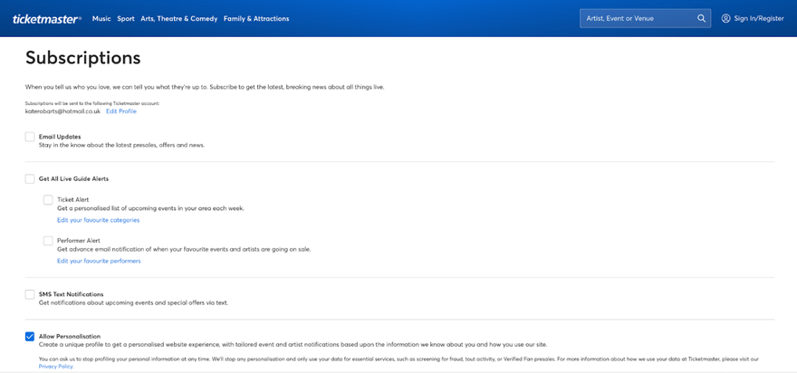 ticketmaster unsubscribe email example An email from ticketmaster with subscription tickboxes