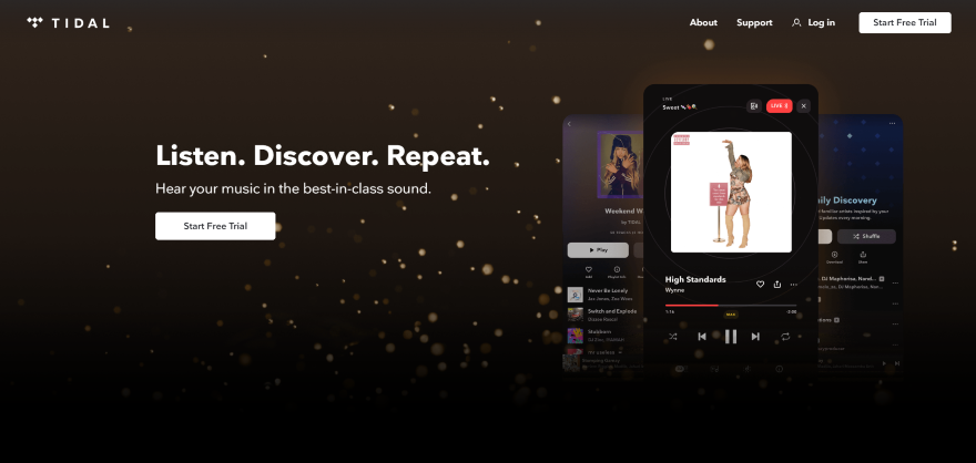 Tidal Strong UVP Example Screenshot of Tidal's homepage with it's UVP in white font: "Listen. Discover. Repeat".