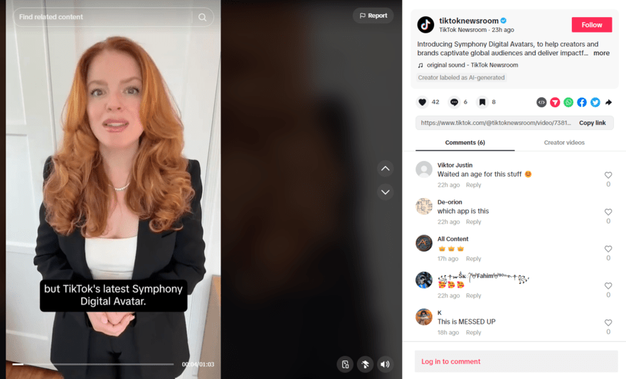 TikTok AI avatar video TikTok video page promoting AI avatars