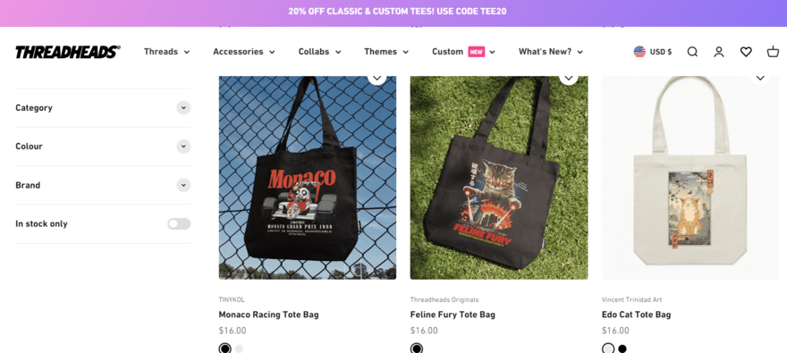 tote bag website Tote bags on Threadheads website