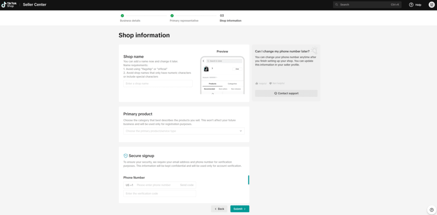 TikTok Shop signup 'shop information' (1) Screenshot from the TikTok Shop signup page
