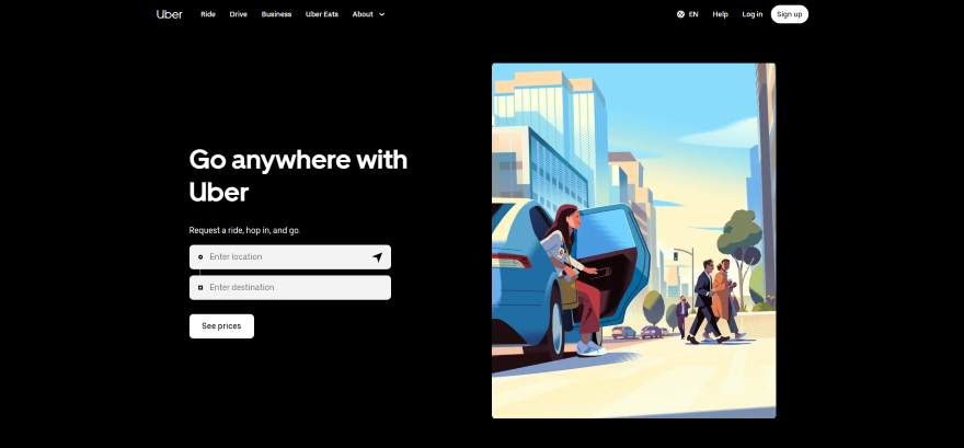 Uber Good UVP Screenshot of Uber's homepage with a black background and UVP stating: "Go anywhere with Uber"