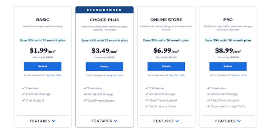 Bluehos's four shared hosting plans Bluehos's four shared hosting plans
