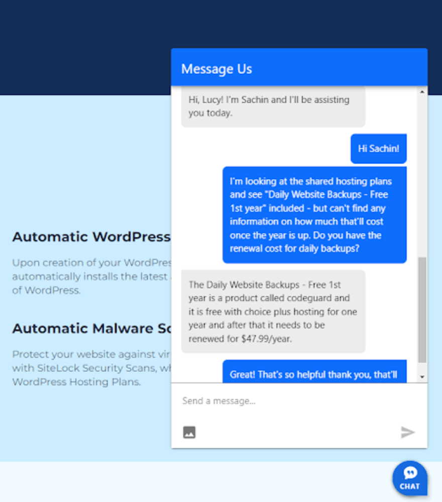Bluehost help and support live chat example Bluehost help and support live chat example