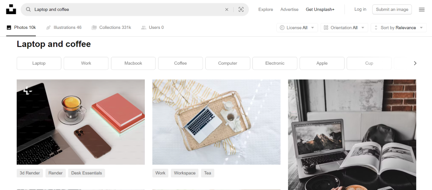 Unsplash Stock Photos Screenshot of stock photos on unsplash showing laptops and coffee