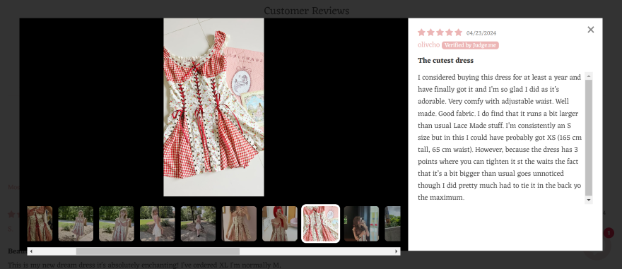 User Generated Content Lacemade Screenshot of a fashion brand's review page with user generated photos of a red dress alongside text reviews
