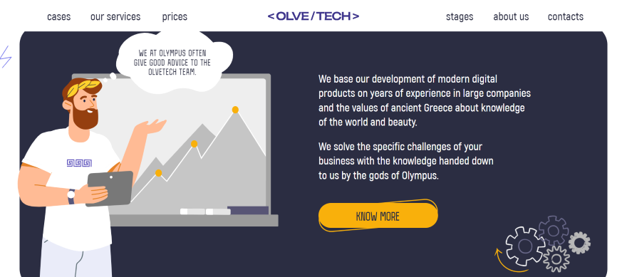 Vectors Olve Tech Screenshot of a tech landing page with vector graphics of a man in front of a graph