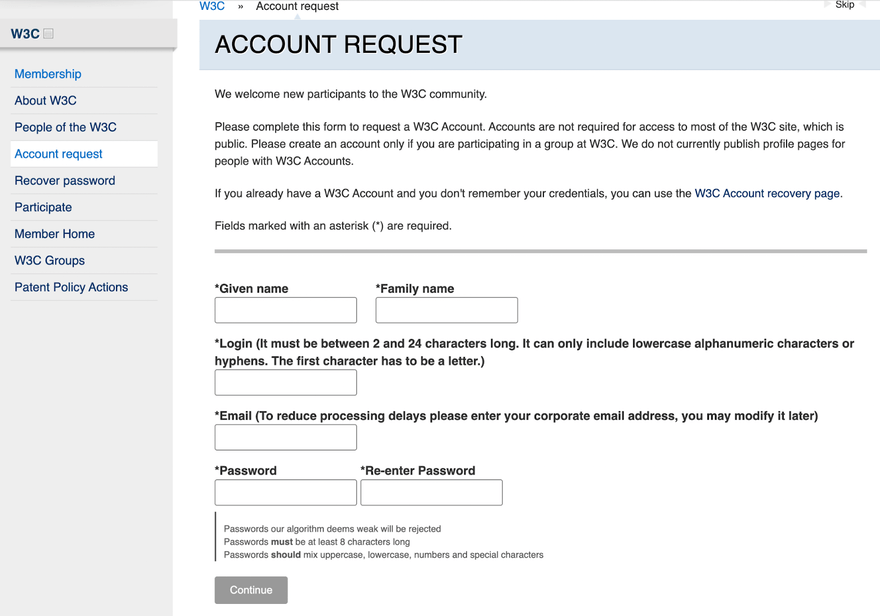 W3C accessible form example Account request from on W3C with ext descriptors and boxes