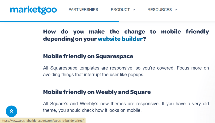 WBE backlink example Marketgoo article page showing a backlink to Website Builder Expert