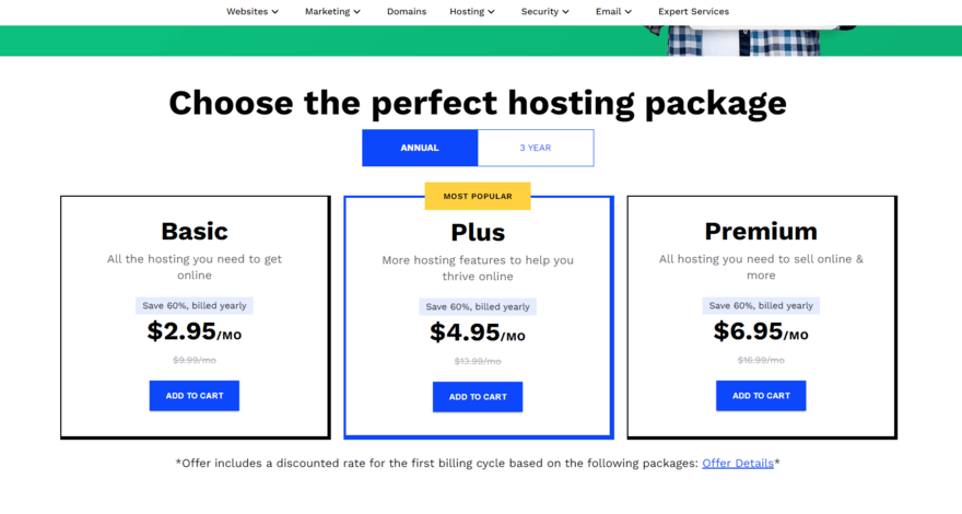 Webcom hosting pricing plans Webcom's three hosting plans in blue squares with an option to add to cart