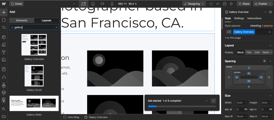 Webflow Adding Gallery Portfolio Screenshot of a user interface within the Webflow editor showing gallery layout options.