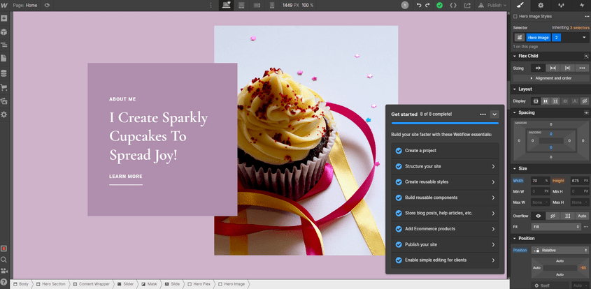 Webflow Editor Menu Webflow's website editor, featuring a checklist of prompts to get started with