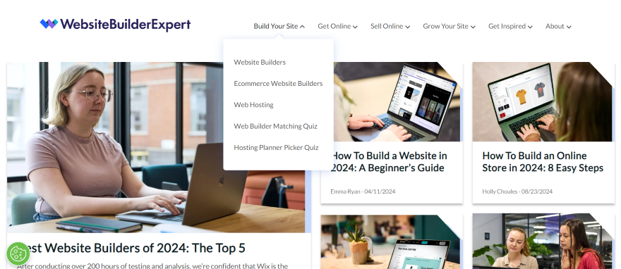 Website Builder Expert Architecture A focused individual working on optimizing a website landing page on a laptop, with a backdrop of web design resources.