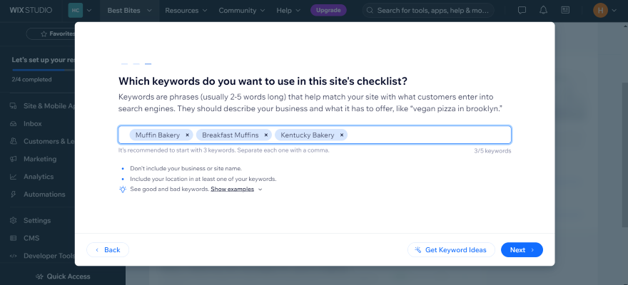 Website Keywords SEO Review A user selecting 'Muffin Bakery', 'Breakfast Muffins', and 'Kentucky Bakery' keywords in the Wix SEO checklist setup.
