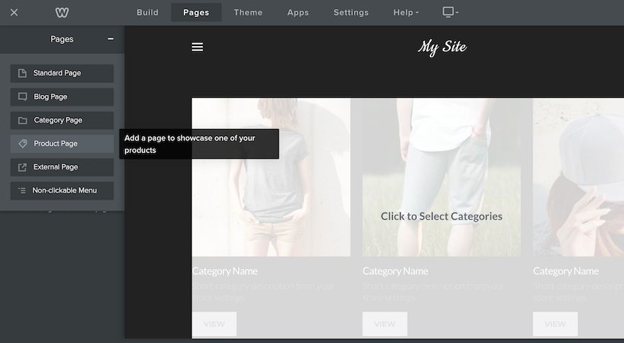 Weebly Review Add Store The Weebly editor with the “Pages” tab open on the left, with the “Product Page” option highlighted.