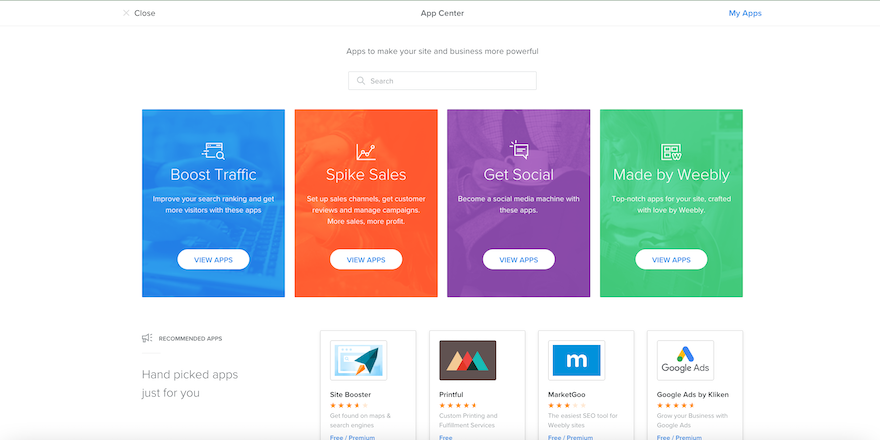 Weebly Review App Center Weebly App Center, with four different colored tiles showing the different kinds of apps you can add to your website.