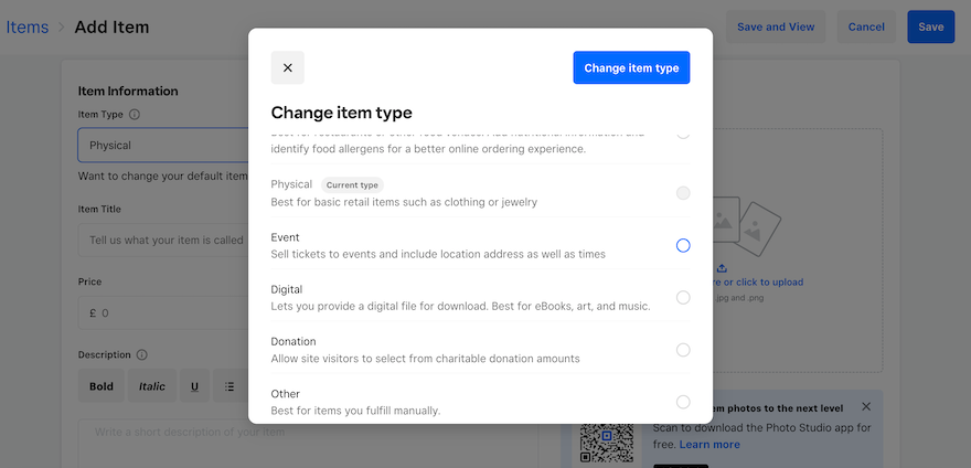 Weebly Review Change Item Weebly “Add Item” page with a white popup showing the different item types users can sell.