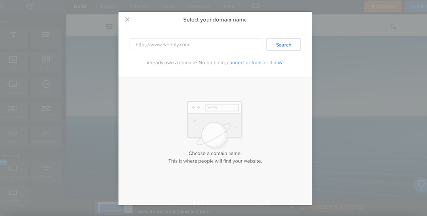 Weebly Review Domain Name Weebly editor with gray popup inviting you to connect your domain name.