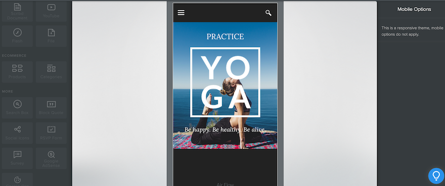 Weebly Review Edit Mobile View Mobile view of a Weebly template, showing the theme in the middle, with grayed out areas to show that this cannot be edited.