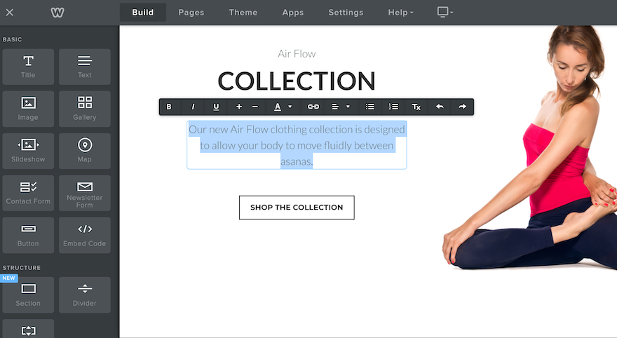Weebly Review Edit Text Weebly editor with textbox highlighted showing how you can add your own text.