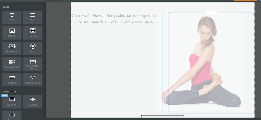 Weebly Review Move Image Weebly editor showing an image in the process of being moved, but only within Weebly’s preset row.
