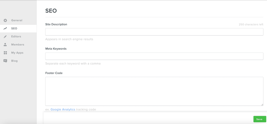 Weebly Review SEO Weebly SEO page with blank fields where users can input SEO information about their site.