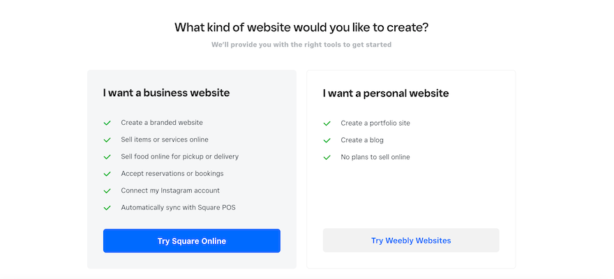 Weebly Review Sign Up Weebly sign-up page asking what kind of website you want to build with “I want a business website” on one side and “I want a personal website” on the other.