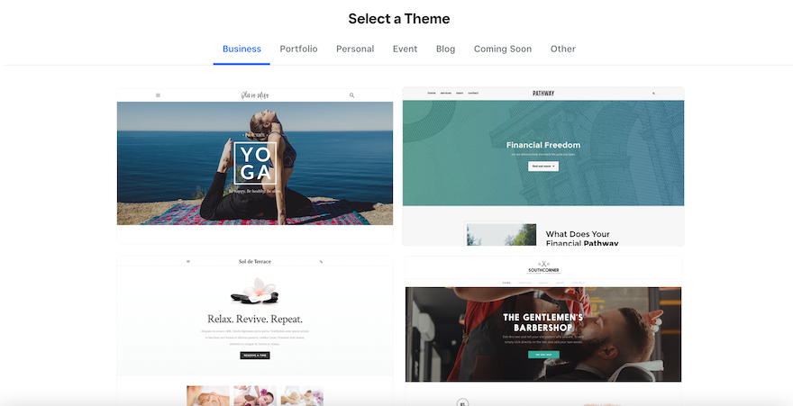 Weebly Review Themes Weebly’s Theme page showing four example themes.