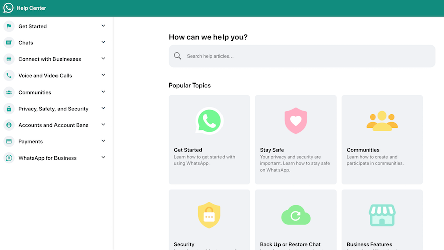 WhatsApp FAQ page example screenshot WhatsApp FAQ page example screenshot