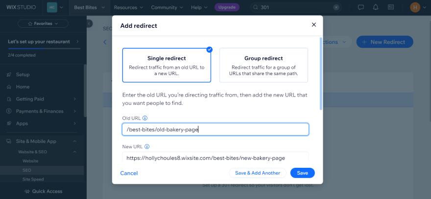 Wix 301 Redirects SEO Review A screenshot showing how to add a redirect for a website URL within the Wix Dashboard interface.
