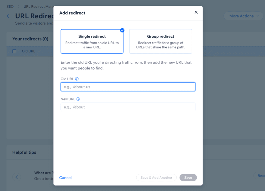 Wix 301 redirects Wix 301 redirect manager with a pop up box to set up single or group redirects