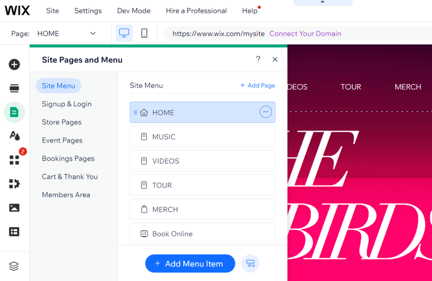 Wix add pages Screenshot of preset pages on a Wix website with the option to add new pages