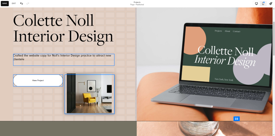 Wix Adding New Image Screenshot of Colette Noll's Interior Design website showcasing portfolio and services.