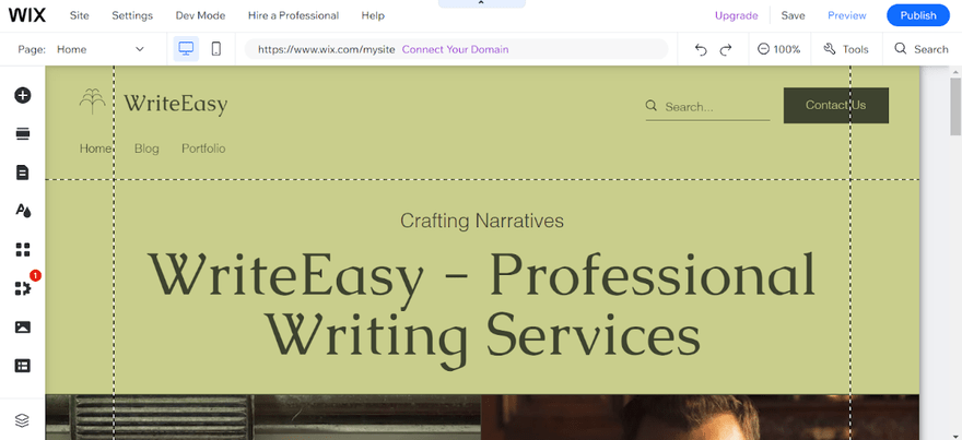 Wix ADI generated website in dashboard Wix website in the editor, for a professional writing service