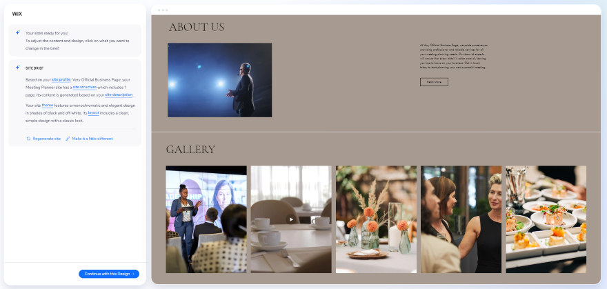 Wix ADI generated website Screenshot of a Wix ADI generated business website with about us and gallery sections.