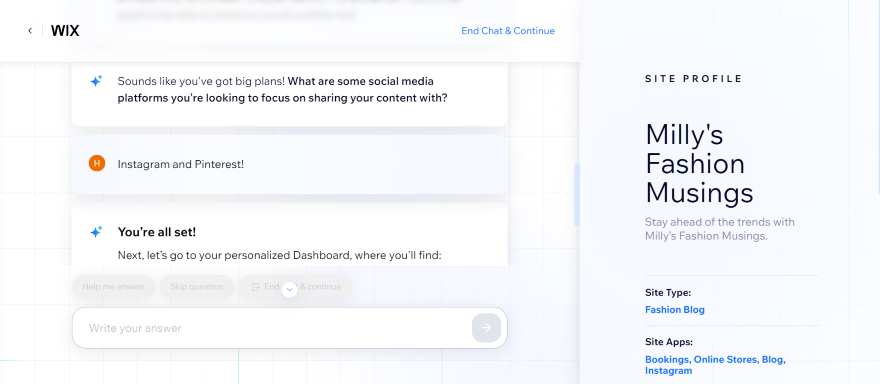 Wix AI Bot Answers Screenshot showing a conversation with Wix AI interface guiding a user for social media content sharing on Instagram and Pinterest.
