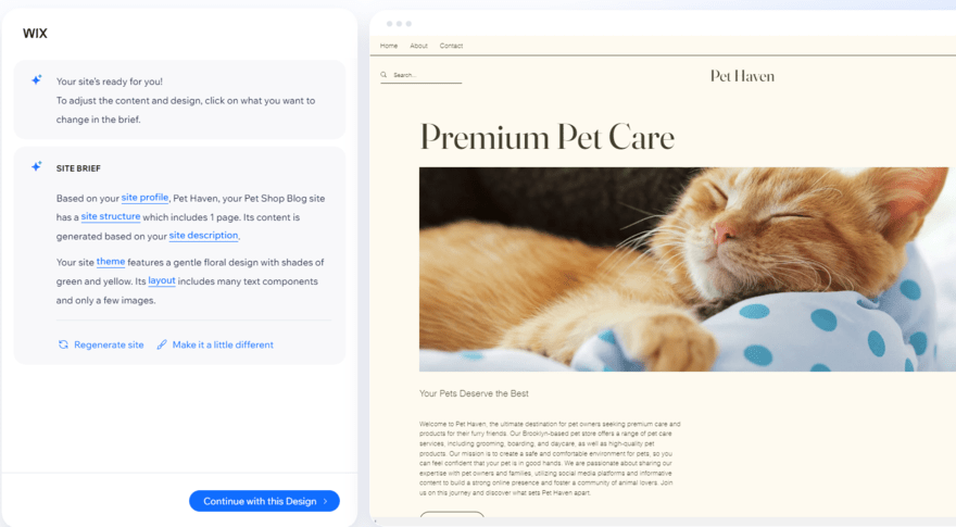 Wix AI builder Wix's AI builder creating a site for a pet care blog based on the onboarding brief