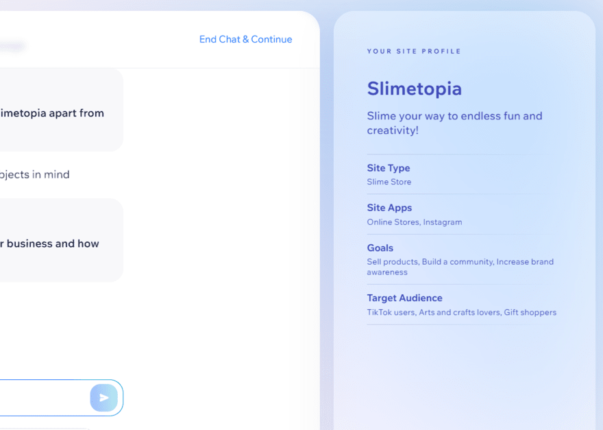 Wix AI chatbot (1) Wix's AI chatbot creating a website for a slime company