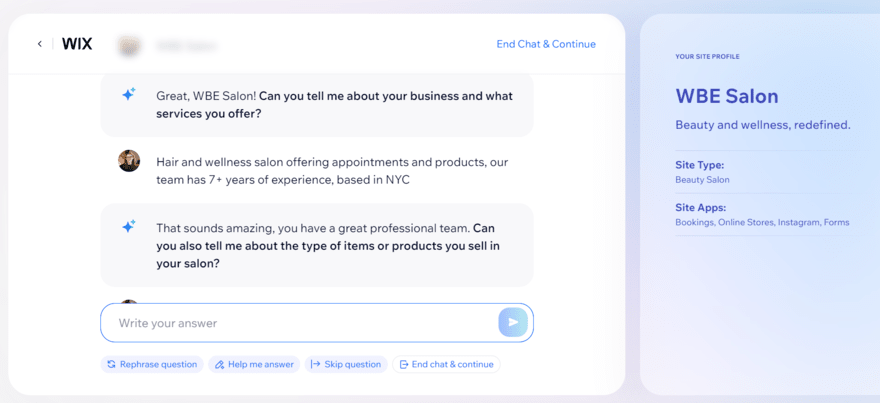 Wix AI chatbot (4) Wix AI chatbot mid-conversation for generating a hair salon website