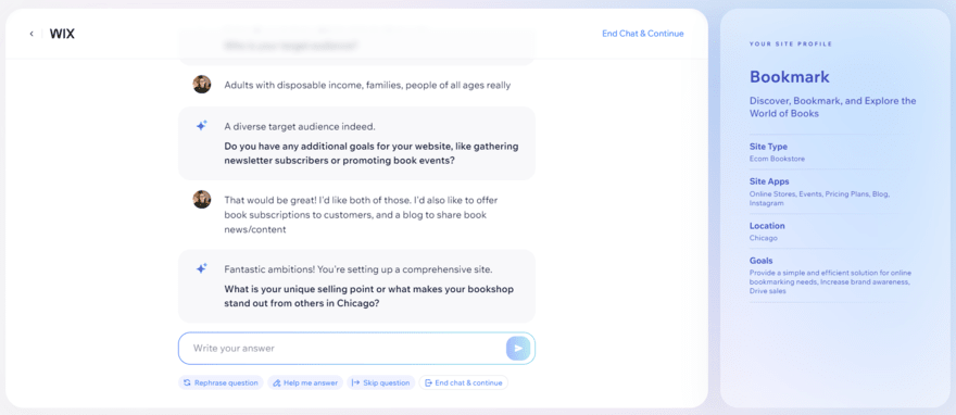 Wix AI chatbot Wix AI chatbot asking questions to create custom website